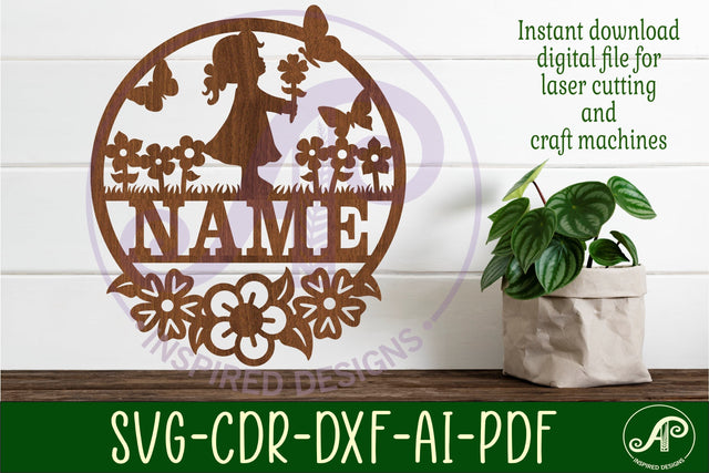 Little girl in meadow name sign svg laser cut template SVG APInspireddesigns 