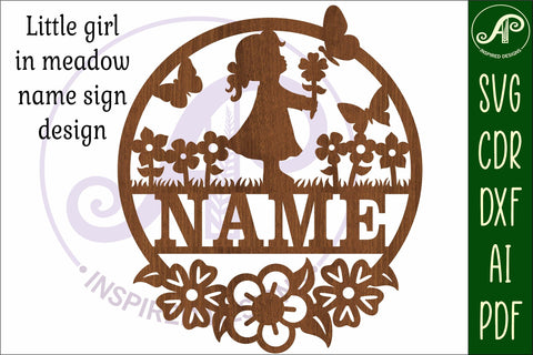 Little girl in meadow name sign svg laser cut template SVG APInspireddesigns 