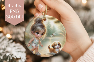 Little Girl & Puppy Lake Ornament PNG Sublimation BijouBay 