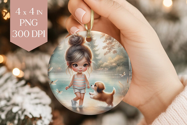 Little Girl & Puppy Ornament Sublimation PNG Sublimation BijouBay 
