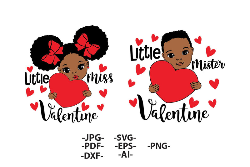 Little Miss and Mister Valentine SVG Bundle | Black Kids Holding Hearts Clipart, Cute Valentine’s Day PNG for Cricut, Sublimation, DXF Files SVG 1uniqueminute 