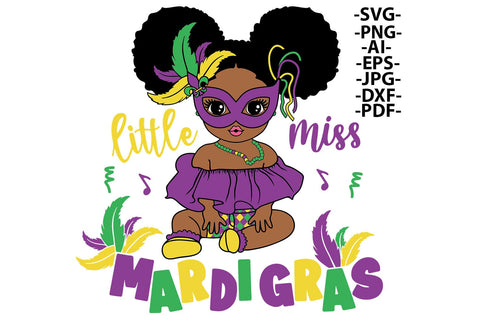 Little Miss Mardi Gras Afro Girl Clipart SVG PNG PDF EPS DXF AI Cute Baby with Feathers and Mask for Carnival Shirt Sublimation SVG 1uniqueminute 