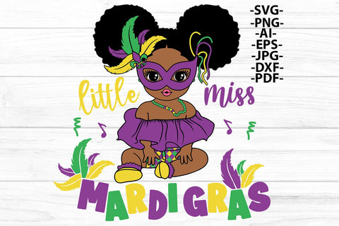 Little Miss Mardi Gras Afro Girl Clipart SVG PNG PDF EPS DXF AI Cute Baby with Feathers and Mask for Carnival Shirt Sublimation SVG 1uniqueminute 
