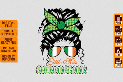 Little Miss Shenanigans T-Shirt, Patrick's Day Messy Bun Shirt Print Template Sketch DESIGN Depiction Studio 