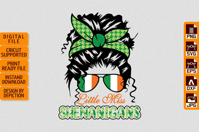 Little Miss Shenanigans T-Shirt, Patrick's Day Messy Bun Shirt Print Template Sketch DESIGN Depiction Studio 
