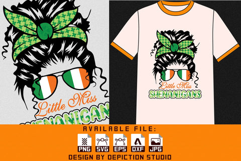 Little Miss Shenanigans T-Shirt, Patrick's Day Messy Bun Shirt Print Template Sketch DESIGN Depiction Studio 