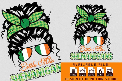 Little Miss Shenanigans T-Shirt, Patrick's Day Messy Bun Shirt Print Template Sketch DESIGN Depiction Studio 