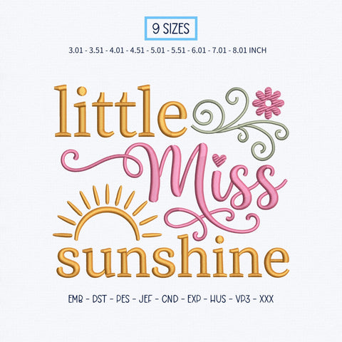 Little Miss Sunshine Embroidery Design – Cute Sunflower Girl Sunshine Quote Machine Embroidery File Embroidery/Applique DESIGNS PatternFeed8 