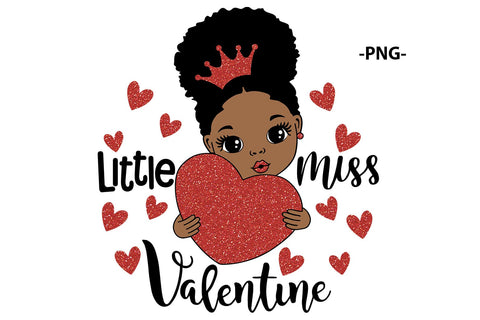 Little Miss Valentine Black Girl Glitter Crown Red Sparkle Heart Afro Puff Sublimation Design for Kids Shirt DIY Crafts SVG 1uniqueminute 