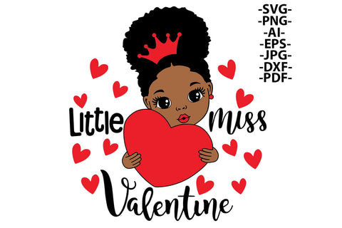 Little Miss Valentine Black Girl Glitter Crown Red Sparkle Heart Afro Puff Sublimation Design for Kids Shirt DIY Crafts SVG 1uniqueminute 