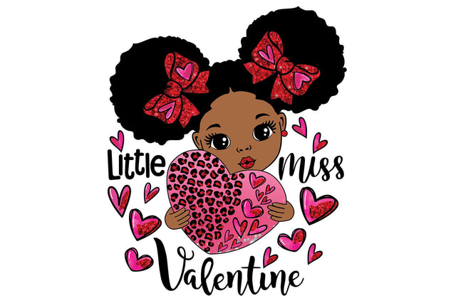 Little Miss Valentine PNG Sublimation Afro Girl Holding Leopard Heart Red Glitter Bows Cute Valentine’s Day Clipart Design Sublimation 1uniqueminute 