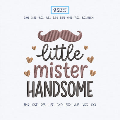 Little Mister Handsome Embroidery Design – Cute Mustache Baby Boy Machine Embroidery File Embroidery/Applique DESIGNS PatternFeed8 