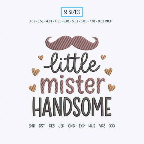 Little Mister Handsome Embroidery Design – Cute Mustache Baby Boy Machine Embroidery File Embroidery/Applique DESIGNS PatternFeed8 