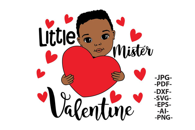 Little Mister Valentine SVG Black Boy Holding Heart PNG DXF PDF EPS JPG AI Cute Valentine’s Day Clipart for Cricut Sublimation Projects SVG 1uniqueminute 