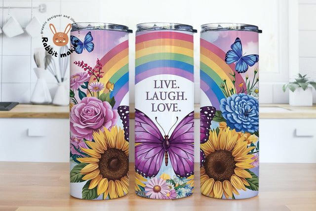 Live Laugh Love 20oz Skinny tumbler sublimation design Rainbow Butterfly Sunflowers PNG Sublimation Rabbitmakies 