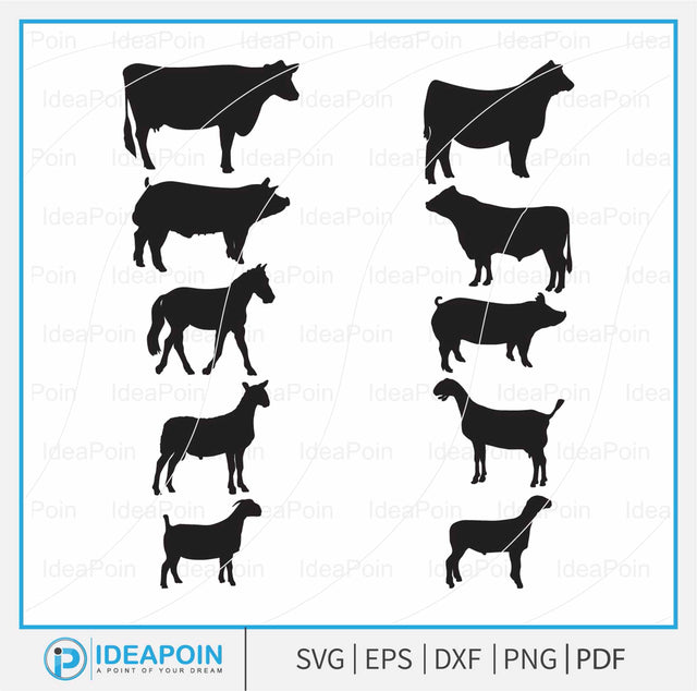 Livestock Animals, Animal Silhouettes, clipart, SVG, PNG Vectors, Farm animal svg, Bundle, Steer, Heifer, Lamb, Goat, Pig, Sheep, Cow SVG Dinvect 