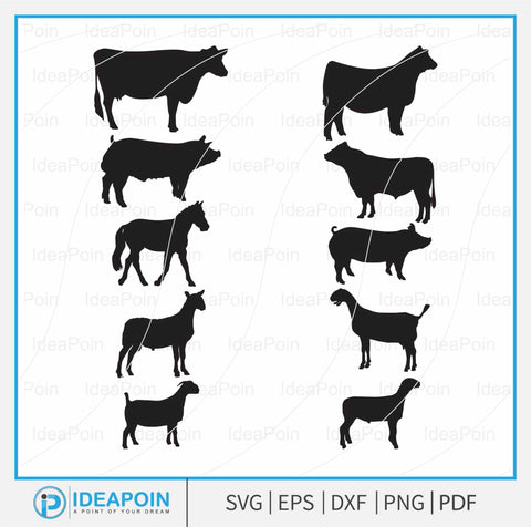 Livestock Animals, Animal Silhouettes, clipart, SVG, PNG Vectors, Farm animal svg, Bundle, Steer, Heifer, Lamb, Goat, Pig, Sheep, Cow SVG Dinvect 