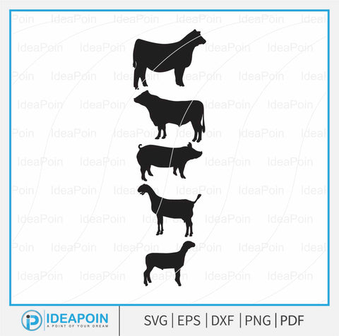 Livestock Animals, Animal Silhouettes, clipart, SVG, PNG Vectors, Farm animal svg, Bundle, Steer, Heifer, Lamb, Goat, Pig, Sheep, Cow SVG Dinvect 