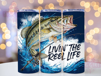 Livin’ The Reel Life Bass 20oz Tumbler, Largemouth Bass, Fishing Design, Crashing Blue Water, Outdoor Theme, Skinny Tumbler, Sublimation PNG Sublimation SvggirlplusArt 