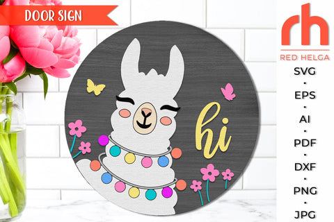 Llama Hi SVG, Layered Door Sign Cut File, Round Hanger DXF SVG RedHelgaArt 