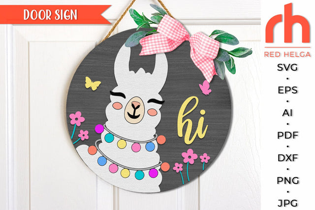 Llama Hi SVG, Layered Door Sign Cut File, Round Hanger DXF SVG RedHelgaArt 