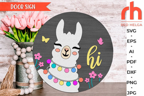 Llama Hi SVG, Layered Door Sign Cut File, Round Hanger DXF SVG RedHelgaArt 
