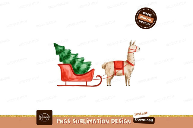Llama pulling red sleigh with green Christmas tree Sublimation Designangry 