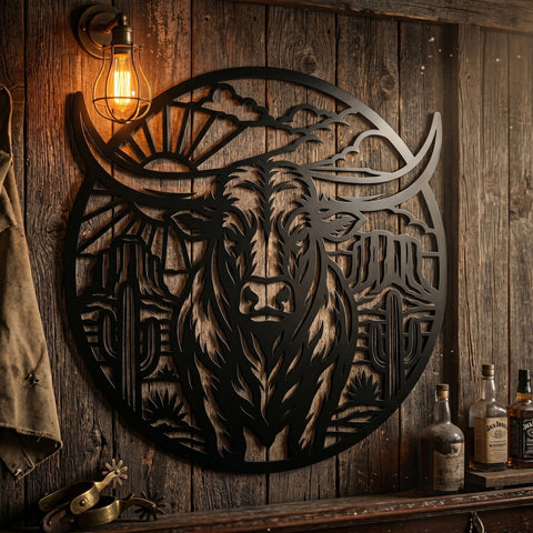 Longhorn Bull Desert Scene Laser SVG | Western Metal Wall Art DXF | CNC Plasma Cut File | Cowboy Decor | Rustic Ranch Sign | Svg Png Eps SVG HappyDesignStudio 