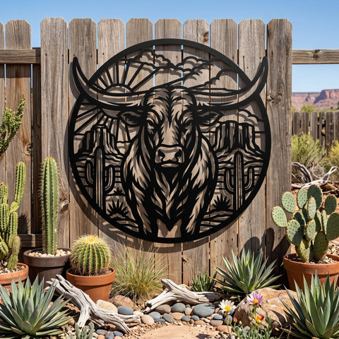 Longhorn Bull Desert Scene Laser SVG | Western Metal Wall Art DXF | CNC Plasma Cut File | Cowboy Decor | Rustic Ranch Sign | Svg Png Eps SVG HappyDesignStudio 