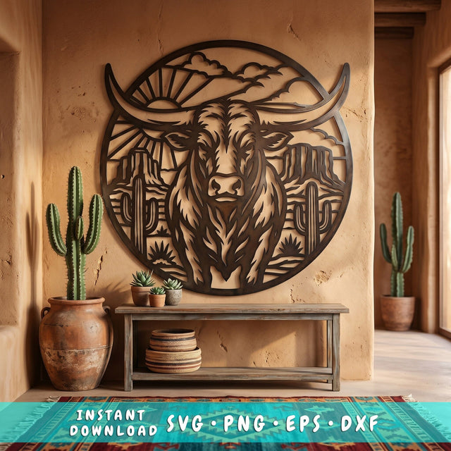 Longhorn Bull Desert Scene Laser SVG | Western Metal Wall Art DXF | CNC Plasma Cut File | Cowboy Decor | Rustic Ranch Sign | Svg Png Eps SVG HappyDesignStudio 