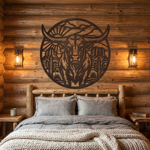 Longhorn Bull Desert Scene Laser SVG | Western Metal Wall Art DXF | CNC Plasma Cut File | Cowboy Decor | Rustic Ranch Sign | Svg Png Eps SVG HappyDesignStudio 