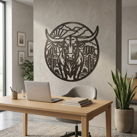 Longhorn Bull Desert Scene Laser SVG | Western Metal Wall Art DXF | CNC Plasma Cut File | Cowboy Decor | Rustic Ranch Sign | Svg Png Eps SVG HappyDesignStudio 