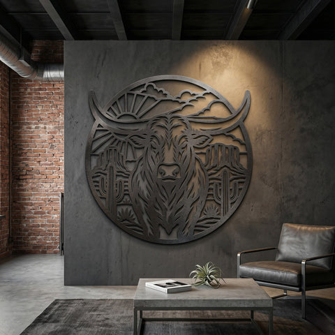 Longhorn Bull Desert Scene Laser SVG | Western Metal Wall Art DXF | CNC Plasma Cut File | Cowboy Decor | Rustic Ranch Sign | Svg Png Eps SVG HappyDesignStudio 