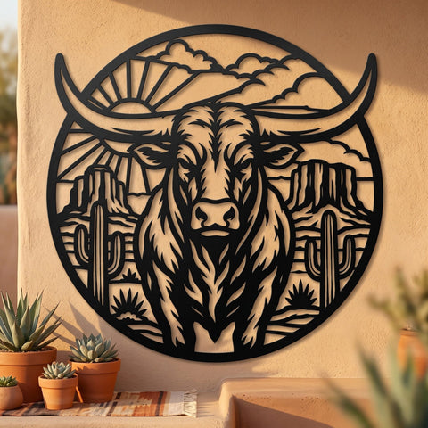 Longhorn Bull Desert Scene Laser SVG | Western Metal Wall Art DXF | CNC Plasma Cut File | Cowboy Decor | Rustic Ranch Sign | Svg Png Eps SVG HappyDesignStudio 