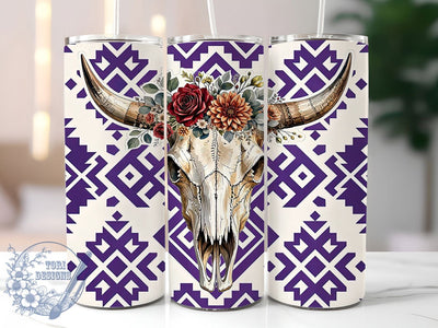 Longhorn Skull Floral Crown 20oz Tumbler, Western Art, Sugar Skull, Flower Crown, Boho Style, Turquoise Accents, Day of the Dead, Sublimation Wrap Sublimation ToriDesigns 