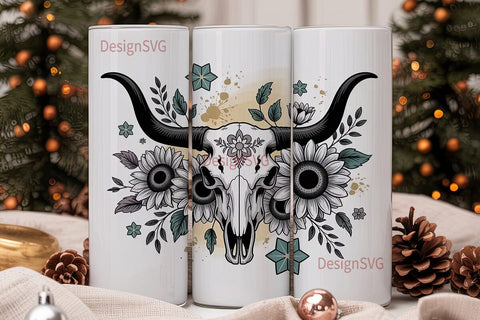 Longhorn Skull & Sunflower 20oz Tumbler Sublimation DesignSVG 