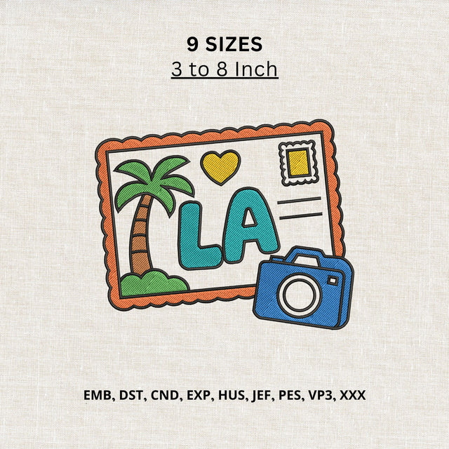 Los Angeles Postcard Machine Embroidery Design – LA Travel Camera Palm Tree Vacation Design Embroidery/Applique DESIGNS PatternFeed8 