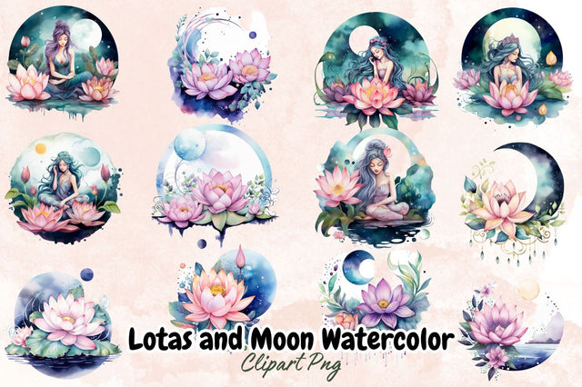 Lotas and Moon Watercolor Clipart Bundle Sublimation Designangry 