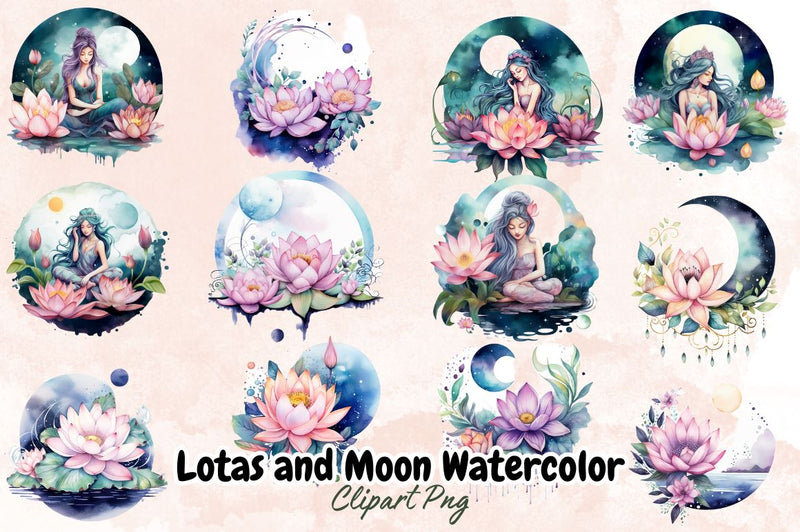 Lotas and Moon Watercolor Clipart Bundle Sublimation Designangry 