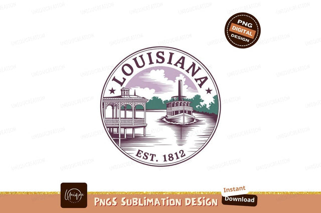 Louisiana steamboat and building emblem river water Sublimation Designangry 