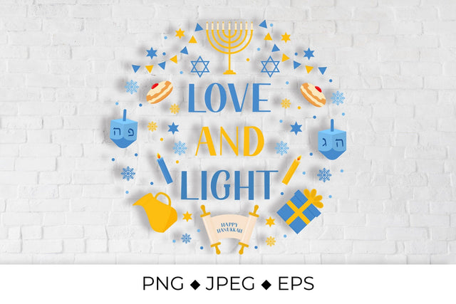 Love and Light lettering with traditional Hanukkah symbols sublimation design Sublimation LaBelezoka 
