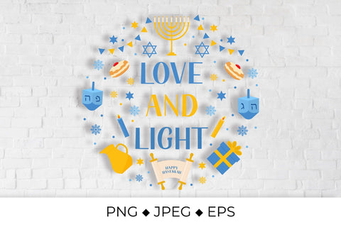 Love and Light lettering with traditional Hanukkah symbols sublimation design Sublimation LaBelezoka 