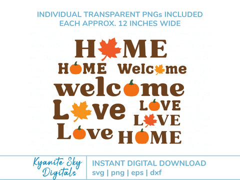 Love Home Welcome SVG bundle words with fall leaf and pumpkin SVG Kyanite Sky Digitals 