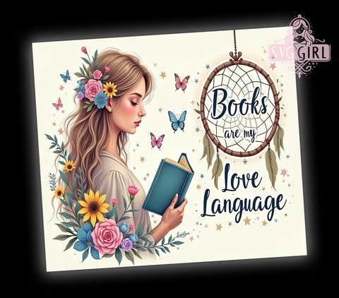 Love Language Tumbler, Sunflower Books Design, 20oz Tumbler Wrap, Sublimation PNG, Digital Download, Gift for Book Lovers, Reading Theme Tumbler Sublimation SvggirlplusArt 