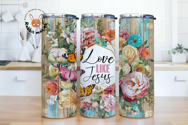 Love like Jesus 20oz skinny tumbler sublimation design Religious Rustic wood Butterfly pattern digital PNG Sublimation Rabbitmakies 