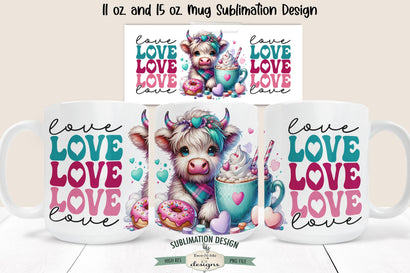 Love Love Love Highland Cow Mug Sublimation Wrap Design 11 &15 oz. Sublimation Ewe-N-Me Designs 