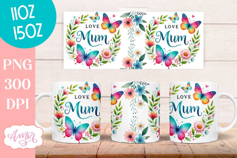 Love mum mug wrap for sublimation | Floral coffee mug PNG Sublimation Amorclipart 