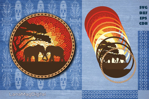 Love pair of Elephant mandala svg Layered Africa sunset svg 3D Paper LanaMagDigital 
