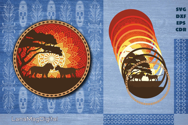 Love pair of lions mandala svg Layered Africa sunset Layered papercraft Lion shadow box svg 3D Paper LanaMagDigital 