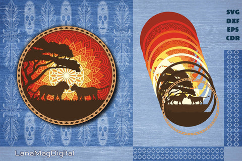 Love pair of lions mandala svg Layered Africa sunset Layered papercraft Lion shadow box svg 3D Paper LanaMagDigital 